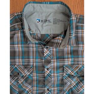 Kuhl Mens Response Shirt Eluxur Pearl Snap Short Sleeve Plaid Teal L Gorpcore